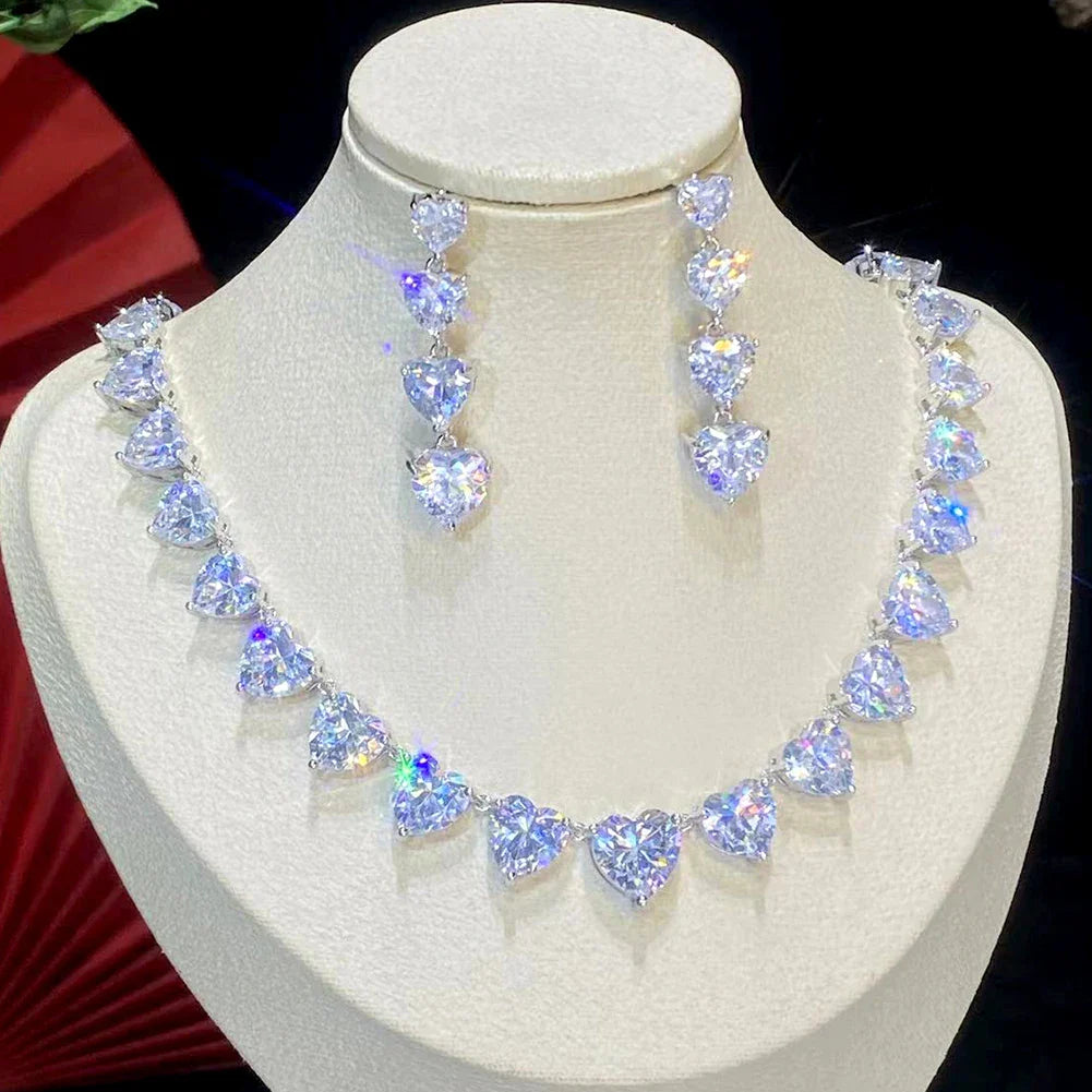 Shiny White Heart Cubic Zircon Women Jewelry Set Bridal Party Accessories Elegant Wedding Necklace Earrings 2PCS