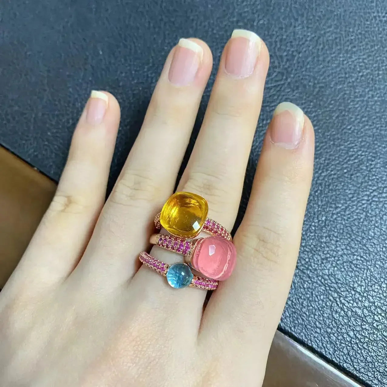 3Pcs/Set Nudo Ring Stacking Set for Women Mix Color Candy Crystal Inlay Zircon Amethyst Blue Topaz Round Jewelry Gift