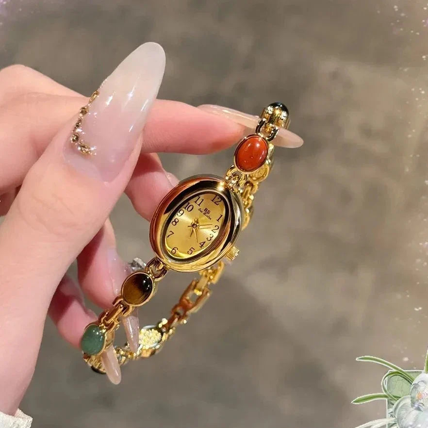Luxury Vintage Quartz Women's Watches Fashion Natural Green Jade Bracelet Clock Numerals Small Oval Dial Watch Woman Accesories