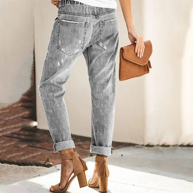 Women's Elasticated Waist Drawstring Tie Straight Jeans