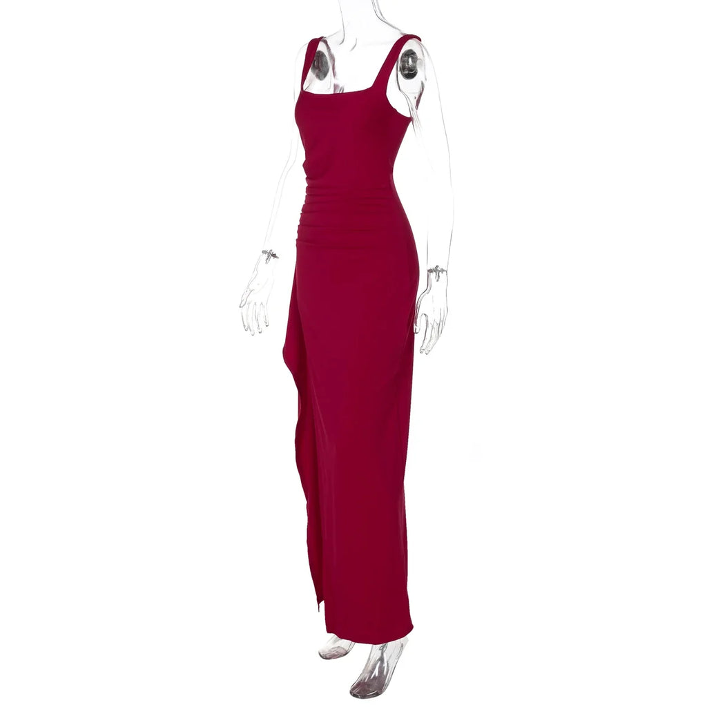 Women Elegant Solid Straps Slit Ruched Patchwork Sexy Bodycon Maxi Dress Summer Outfits Evening Party Birthday Festival