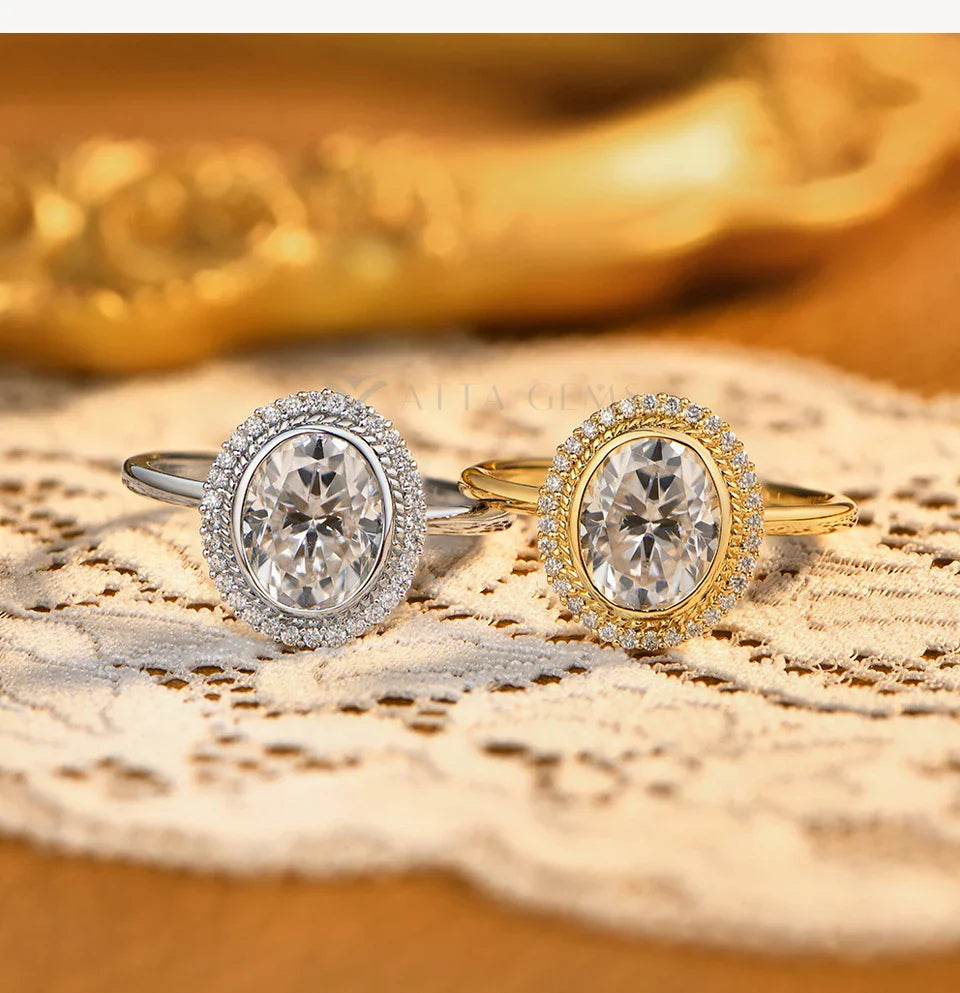 Oval Cut 2.0CT Moissanite Halo Engagement Ring for Women D VVS1 925 Silver 18K Gold Plated Luxury Band Wedding Jewelry