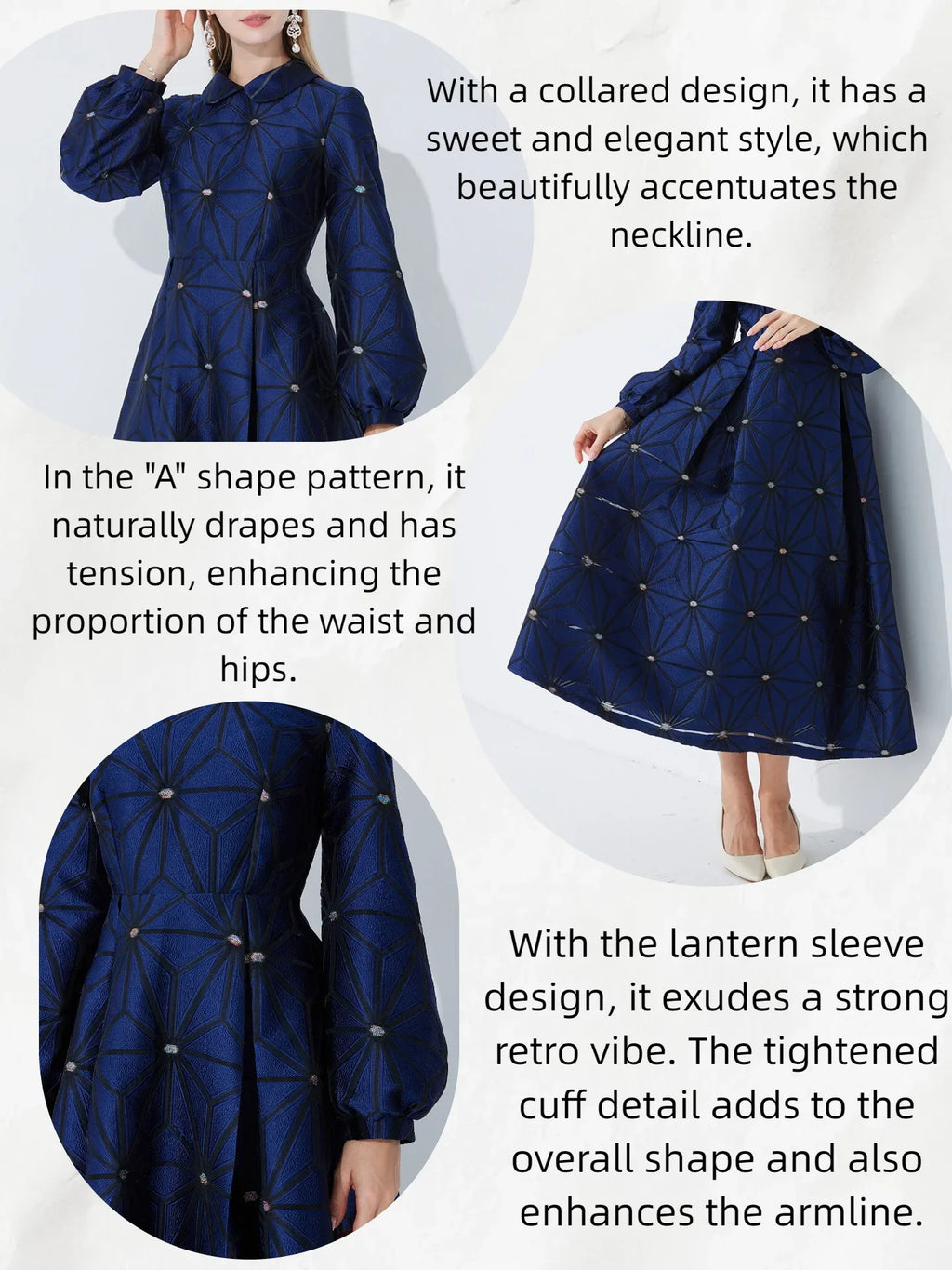 Fall/Winter Turned Collar Lined Sleeve A-Line Silhouette Geometric Heavyweight Jacquard Elegant and Graceful Long Dress