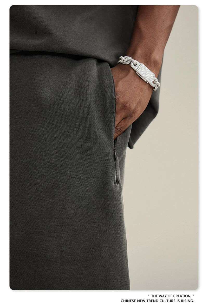 New Summer Men Retro Washed Shorts Unisex Drawstring Loose Edge 420gsm Solid Knee Length Cotton Pants Streetwears HY0589