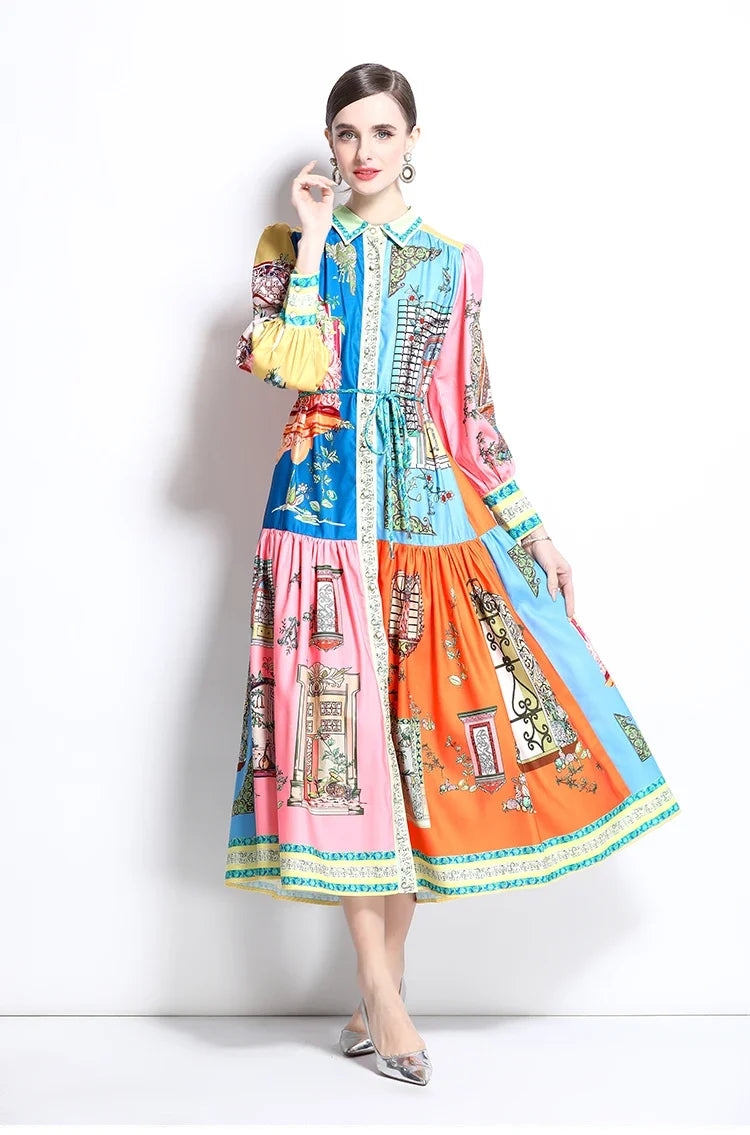 French Court Style Long Sleeve Dress Luxury Vintage Lapel Midi Dress Women Elegant Button-up Belted Party Dress Vestidos