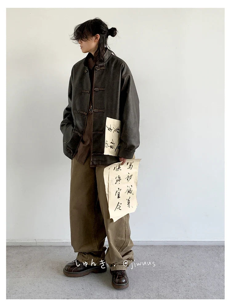 Spring Cool Oversized Vintage Distressed Pu Leather Jacket Men Elegant Luxury Designer Chinese Style Clothes 2024