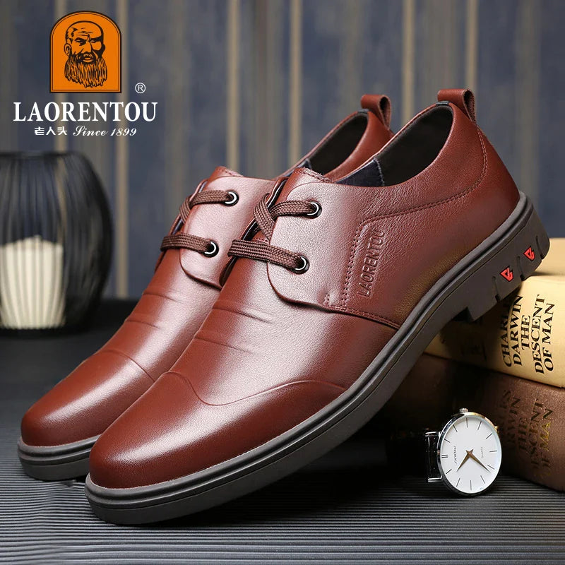 LAORENTOU men's business casual leather shoes, genuine leather, breathable Korean casual men's shoes, thick soles 83581