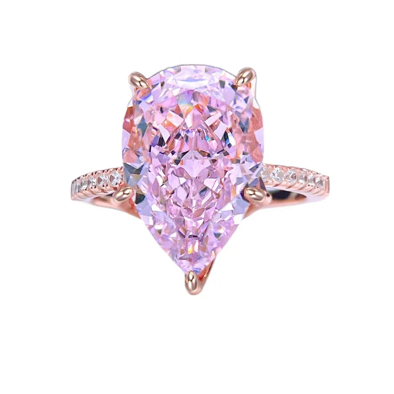 Fashionable, niche, high-end,versatile 925 sterling silver droplet pink diamond ring inlaid with high carbon diamond temperament