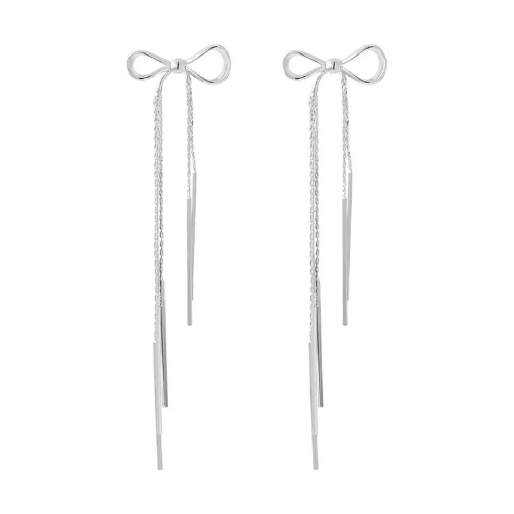 Temperament Stainless Steel Ribbon Long Tassel Bowknot Drop Dangle Earrings for Women Charm Party Jewelry Korean Fashion Gift
