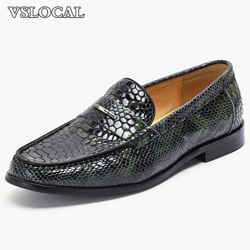 Luxury Men Loafers Shoes Slip On Snake Prints Casual Mens Dress Shoes Wedding Office Banquet Genuine Leather Shoes Men