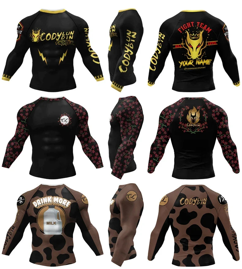 Polyester Sublimation High Elastic Bjj Rash Guard No Gi MMA  Jiu Jitsu Fighting Grappling Compression Shirt OEM Gym Fitness Tops