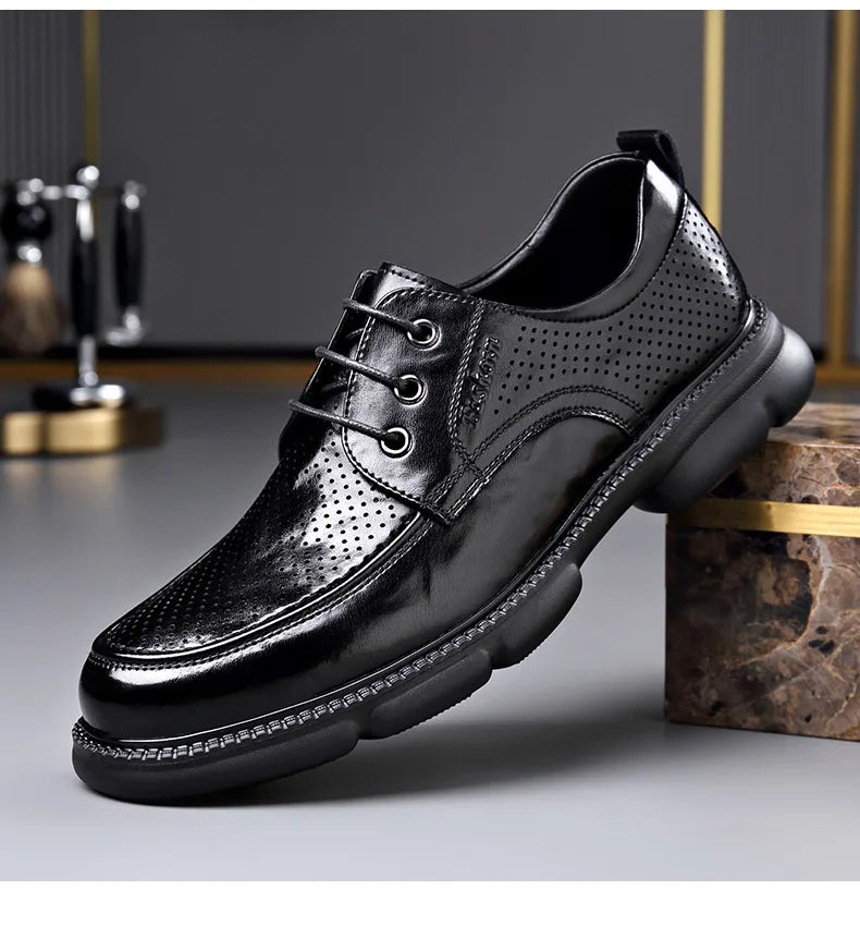 Summer Hallow Cow Leather Shoes for Men Fashion Casual Black New Designer Dress Shoes Male Lace Breathable Platform Shoes Man