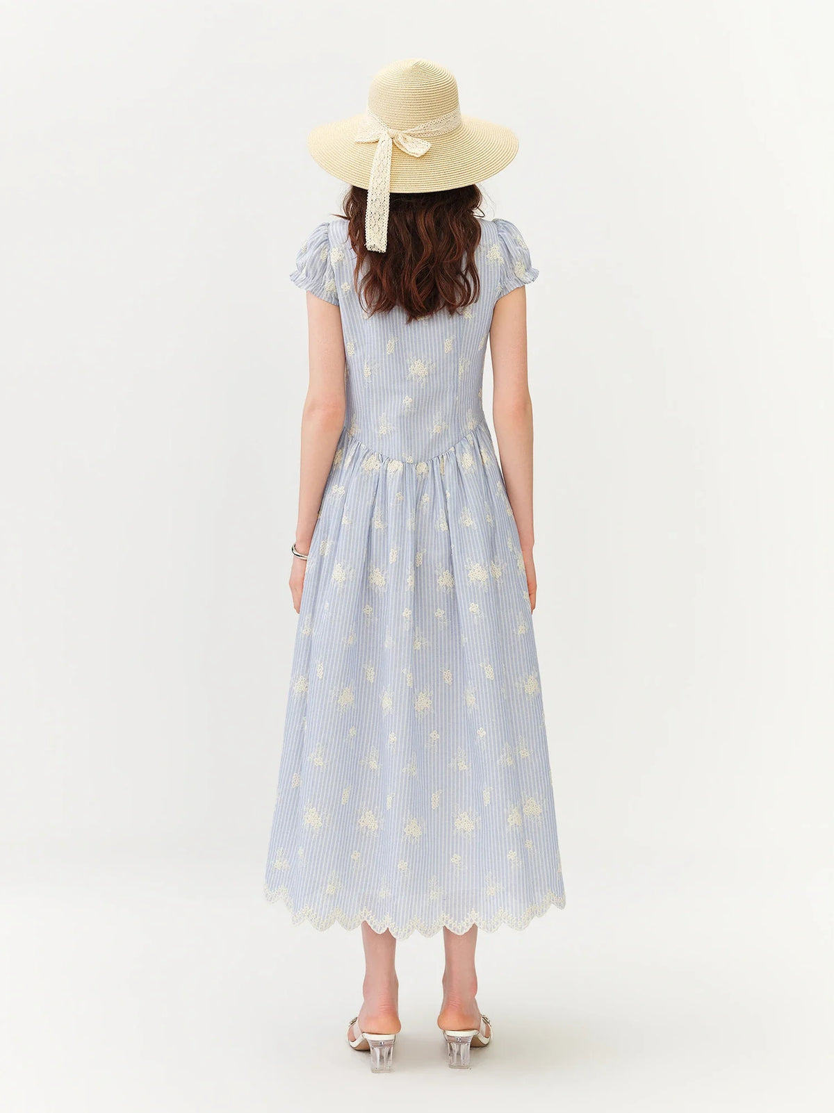 2026 Summer Cotton Gauze Blue Stripe Floral Embroidery Midi Dress French Farmhouse A-line Flowy Shift Coastal Cottagecore