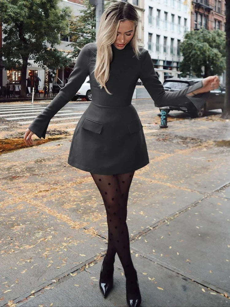 Long Sleeves Zipper Bodycon Mini Dress With Pocket Solid Elegant Outfit Office Streetwear Women’S Autumn Winter Clothes