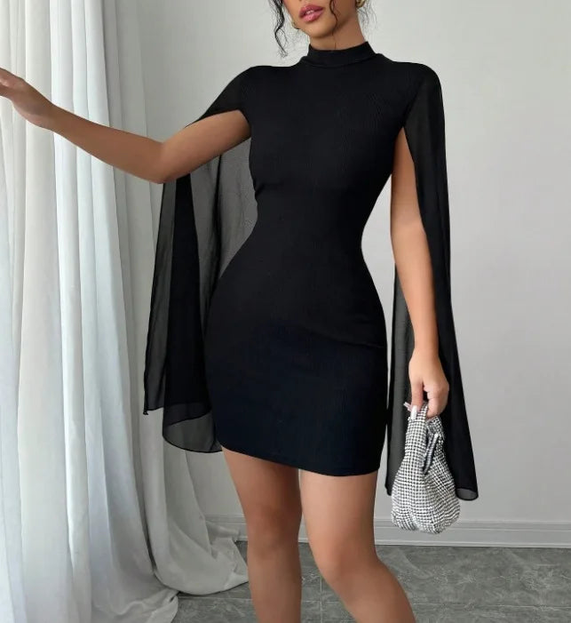 2025 Cross border European and American Women's Round Neck Pit Bar Pearl Chiffon Cloak Wrapped Hip Dress for Women