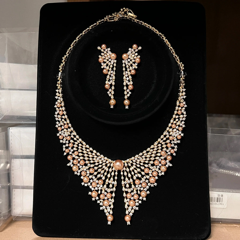 Luxury Cubic Zirconia 2pcs Pearl Necklacе Nigeria Dubai Bridal Wedding Jewellery Sets For Women Party  Accessories