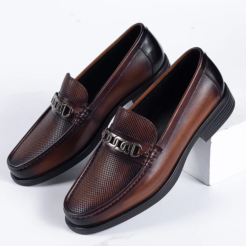 New 2025 Summer Men Genuine Leather Formal Business Loafers Slip On Retro Breathable Men Leather Moccasins Shoes