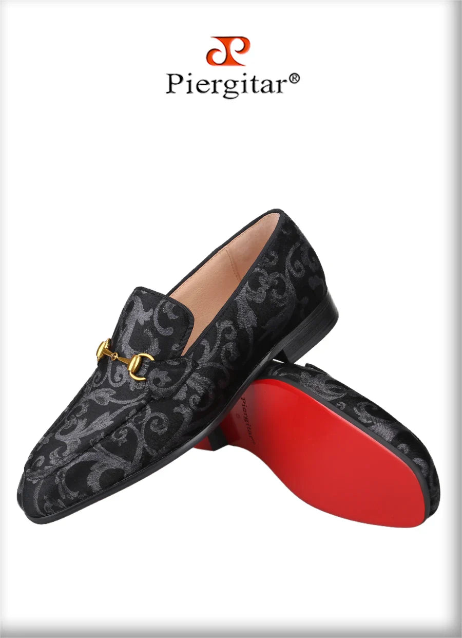 Piergitar Retro Style High-End Custom-Made Baroque Jacquard Velvet Men's Loafers With Horsebit Buckle Slip-On Smoking Shoes
