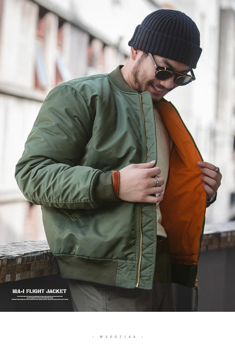 Vintage MA1 Pilot Jacket Green Thickened Cotton-padded Jacket Casual Baseball Pockets Flight Zipper Outwear for Men's Fall