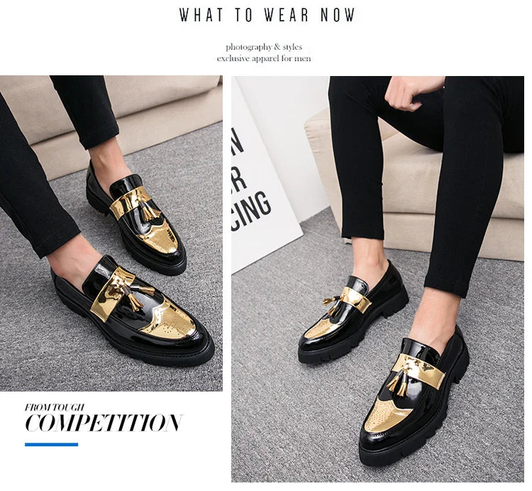 Fashion Golden Men's Casual Slip-On Tassel Patent Loafers Thick Bottom Elevator Shoes Men's Party Shoes Business Shoes Brogue