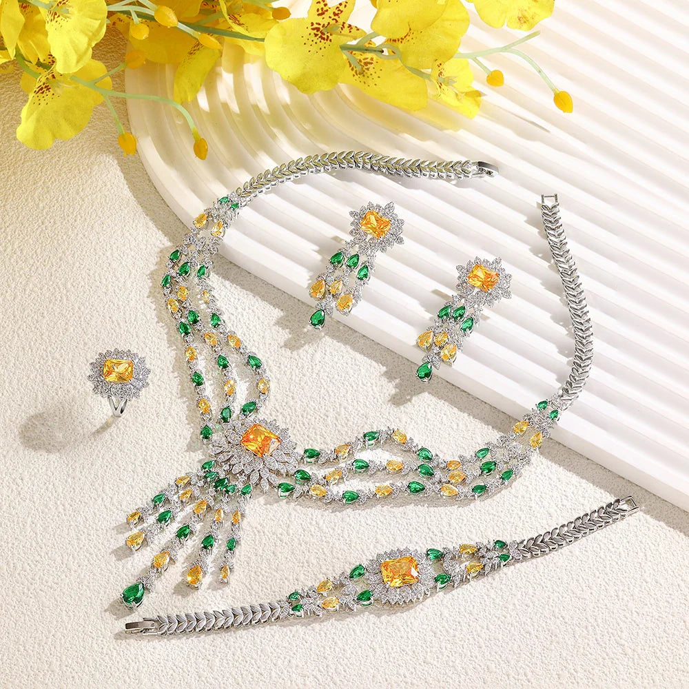 2024 Bridal Zirconia Full Jewelry Sets For Women Party 4pcs Luxury Dubai Nigeria CZ Crystal Wedding Necklace Sets