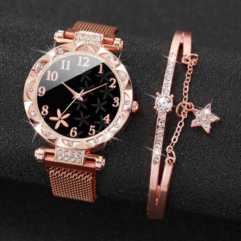 2PCS Fashion Women's Watches Set Magnet Buckle Mesh Strap Analog Quartz Watch Star Bracelet Set Reloj Mujer