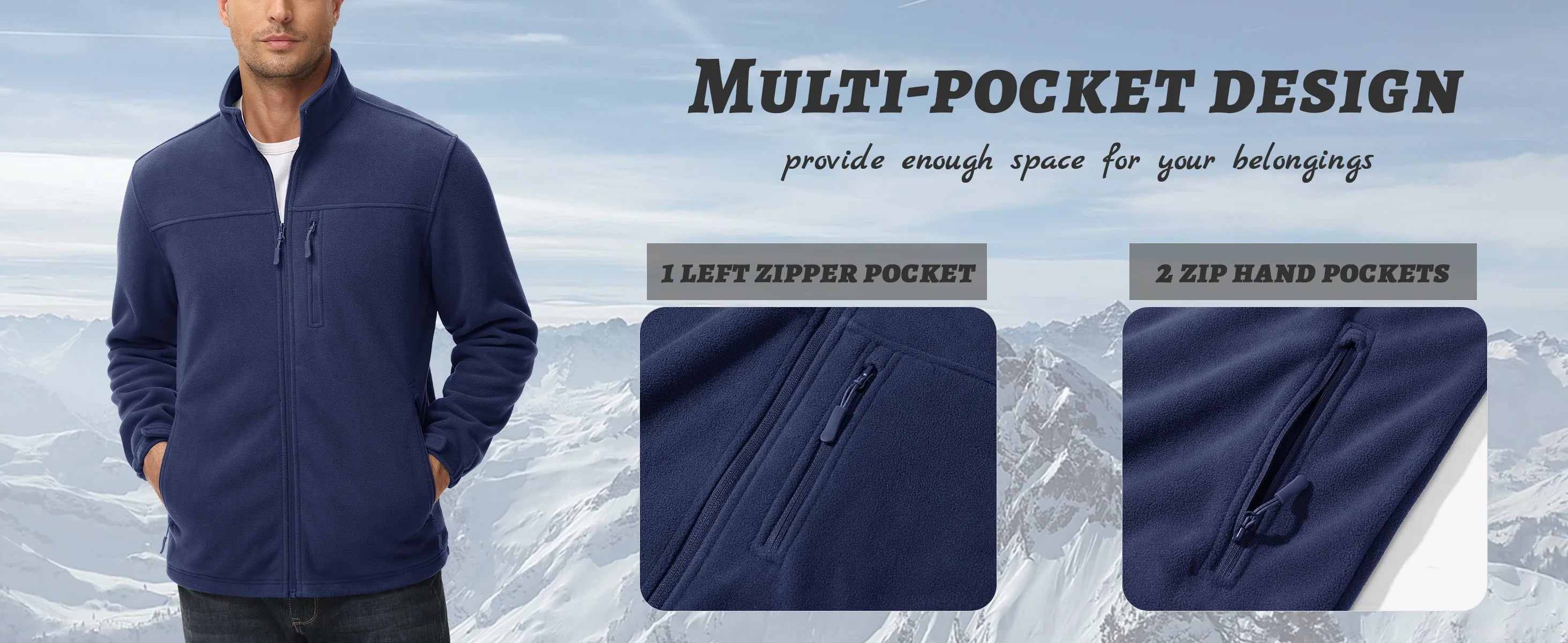 Men's Thermal Warm Fleece Jacket Stand Collar Full Zip Windbreaker Multiple-pockets Outerwear Working Hiking Coat
