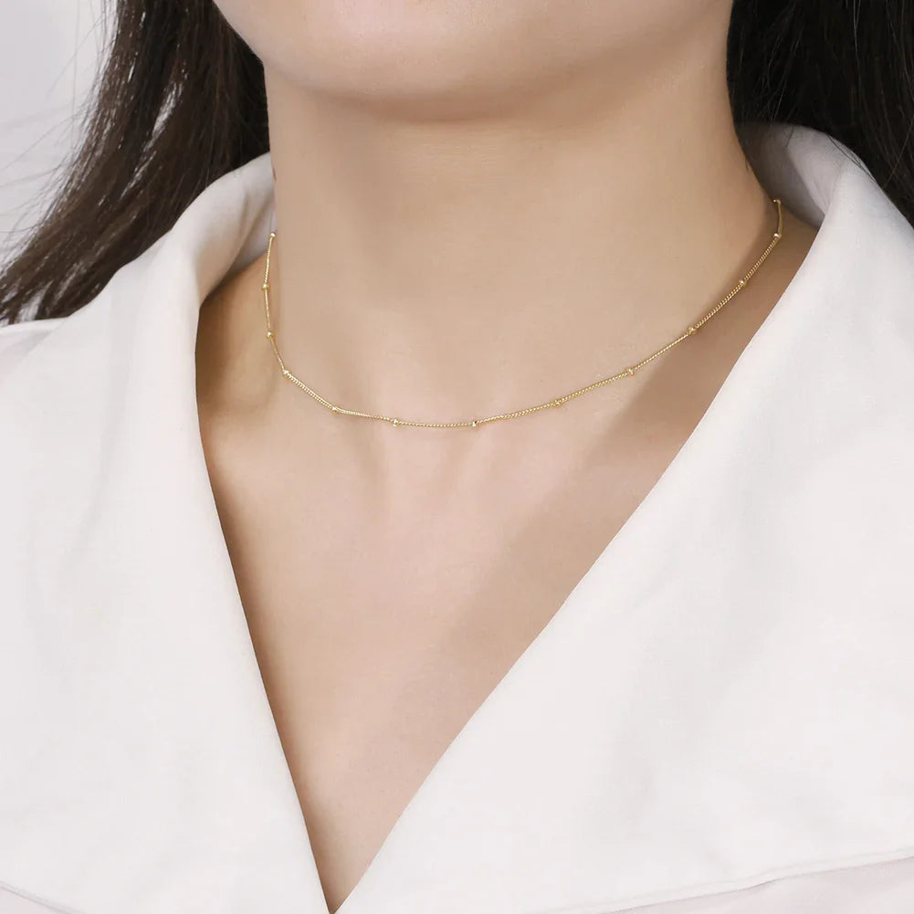 14K Gold Plated 925 Sterling Silver Bead Side Chain Necklace Dainty Trendy Women's Basic Neck Chain Jewelry SC65