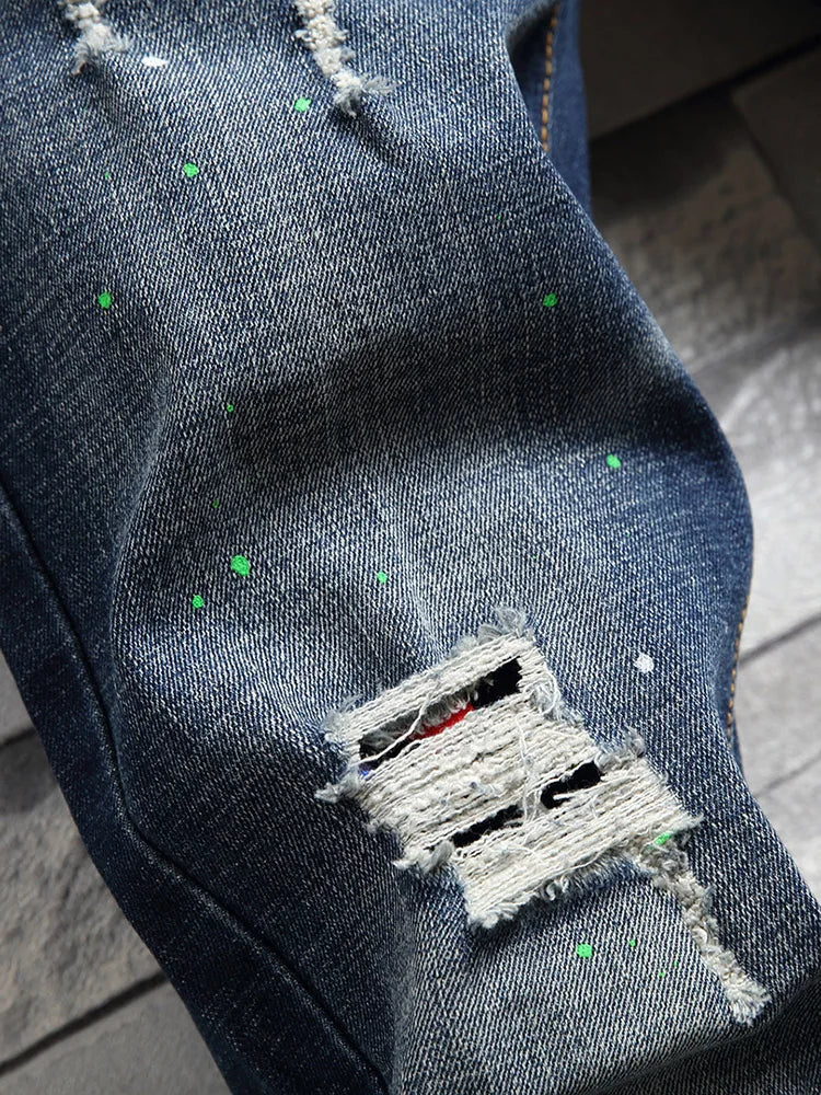 Men's Slim Fit Jeans Elastic Casual High Street Style Ripped Patchwork Pants Fashionable Tight Menswear Spring New Arrival