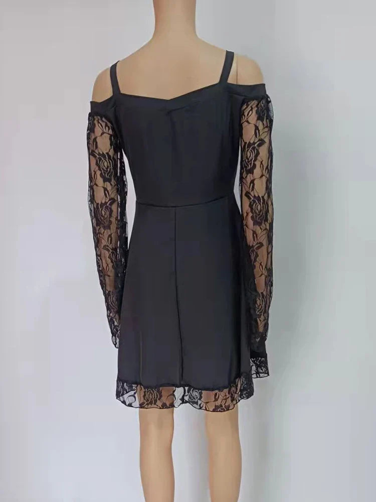 2022 New Gothic One-shoulder Lace Stitching Flared Sleeve Dress Literary Vintage Autumn Grunge Black A-line Dress Punk Partywear