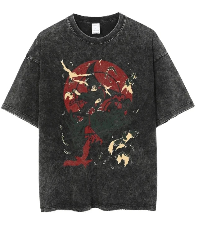 Men's oversized Uchiha Sasuke anime printed cotton T-shirt retro washed street wear summer casual 2025 summer anime fans