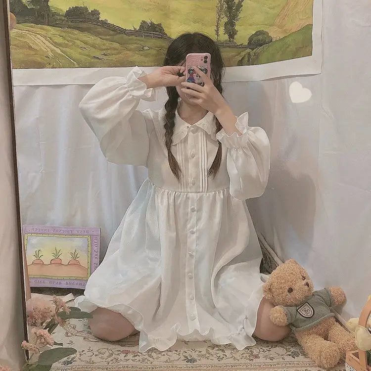 Japanese Sweet Girl Lolita Dress White 2021 Summer Kawaii Peter Pan Collar Cute Ruffle Puff Sleeve Drees Elegant Lady Dresses