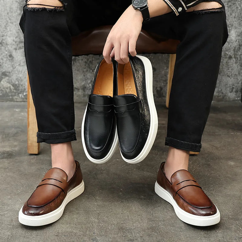 Fashion Men's Casual Shoes Embossed Leather Men British Style Penny Loafers Mens Slip-on Thick Sole Outdoor Flats