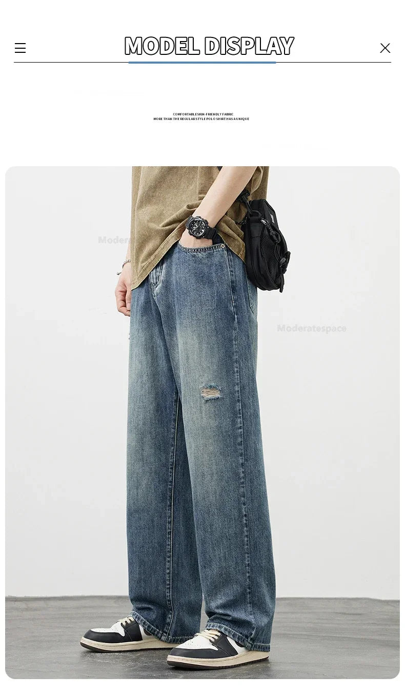 Korea Baggy Cargo Jeans Men Vintage Straight Ripped Y2k Pants Fashion Frayed High Street Distressed Denim Trousers Male Clothes