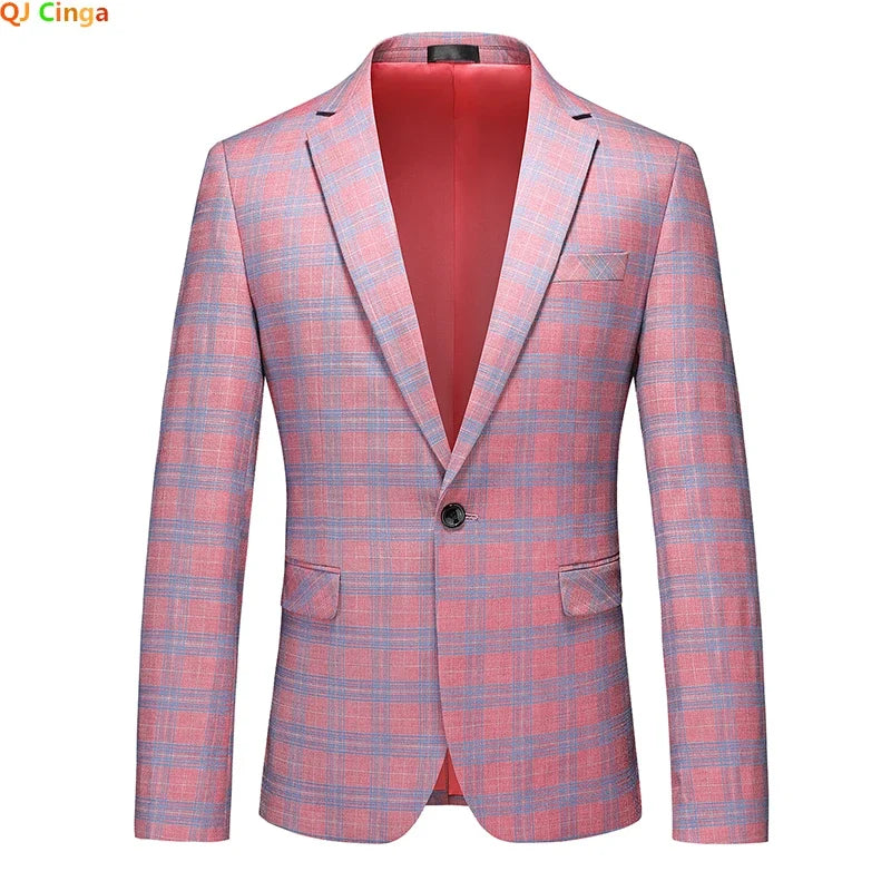 2026 New Men's Pink-Red Striped Suit Jacket, Fashion Slim Plaid Dress Coat, Red Purple Gray Blazers, Asian Size Terno Masculino