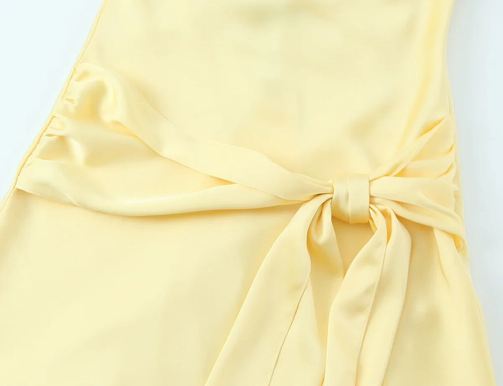 Chic Sexy 2026 Women Mini Dress Fashion Summer Asymmetric Neck-mounted Mini Dress Lace Yellow Sleeveless Female Vestidos
