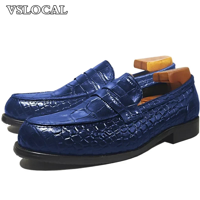 Luxury Brand Men Leather Shoes Black Slip On Croco Prints Casual Mens Dress Shoes Wedding Office Banquet Loafers For Men