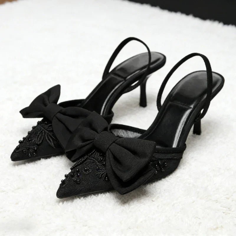 Black Mesh Beaded Decoration Heeled Sandals Women Sexy Pointed Toe Slingbacks Thin High Heels Elegant Bow Designer Women Pumps