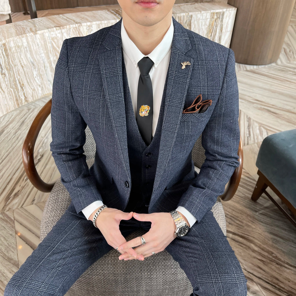 British Modified Plaid Three-Piece Suit for Men - Stylish Business Casual Suit Vest And Trousers Set
