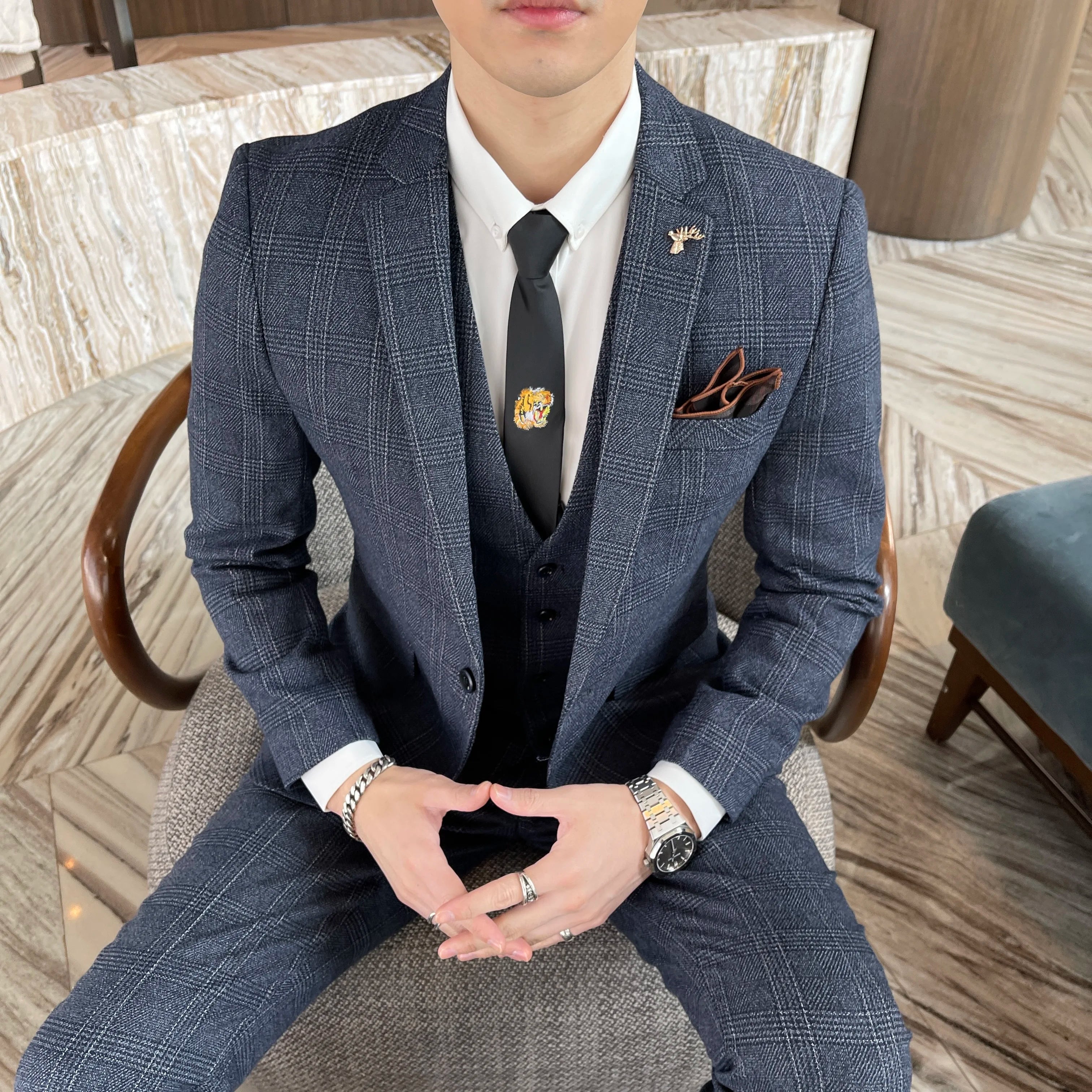 British Modified Plaid Three-Piece Suit for Men - Stylish Business Casual Suit Vest And Trousers Set