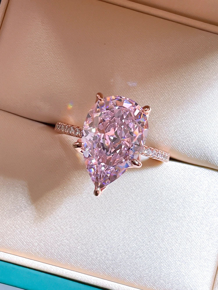 Fashionable, niche, high-end,versatile 925 sterling silver droplet pink diamond ring inlaid with high carbon diamond temperament