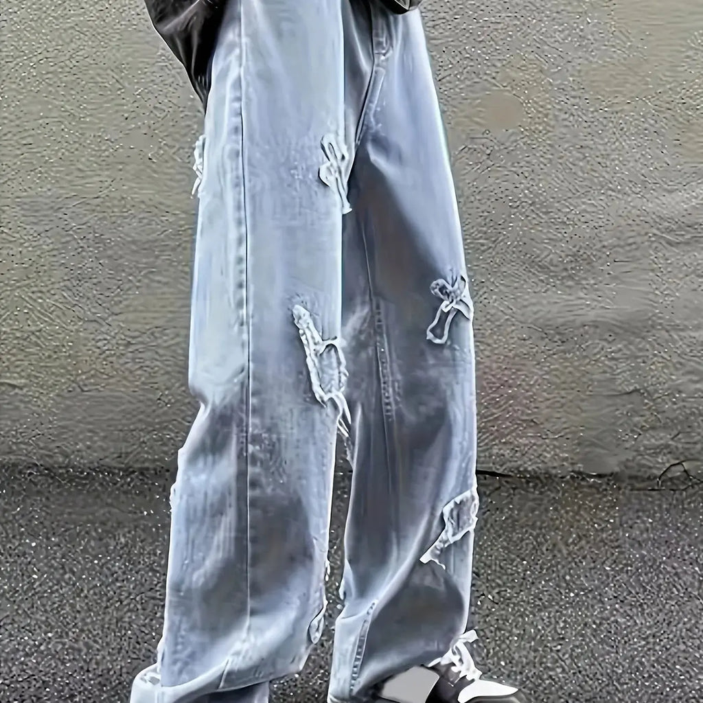 Men's jeans patch lightning jeans men's loose jeans worn-out jeans