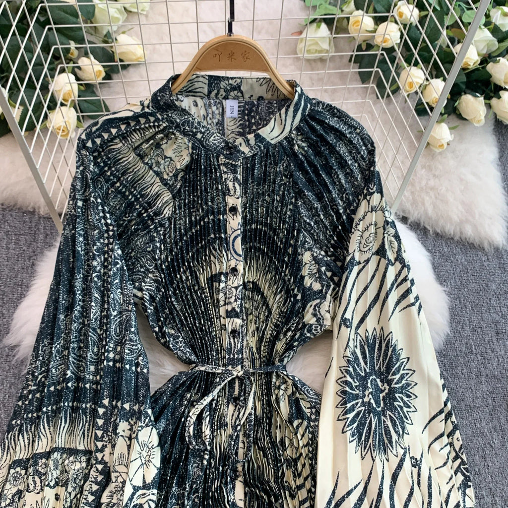 Printed round Ne Lantern Sve Dr Women's Single Button Waist Cinch Maxi Skirt Long Dr Commute Sle Autumn