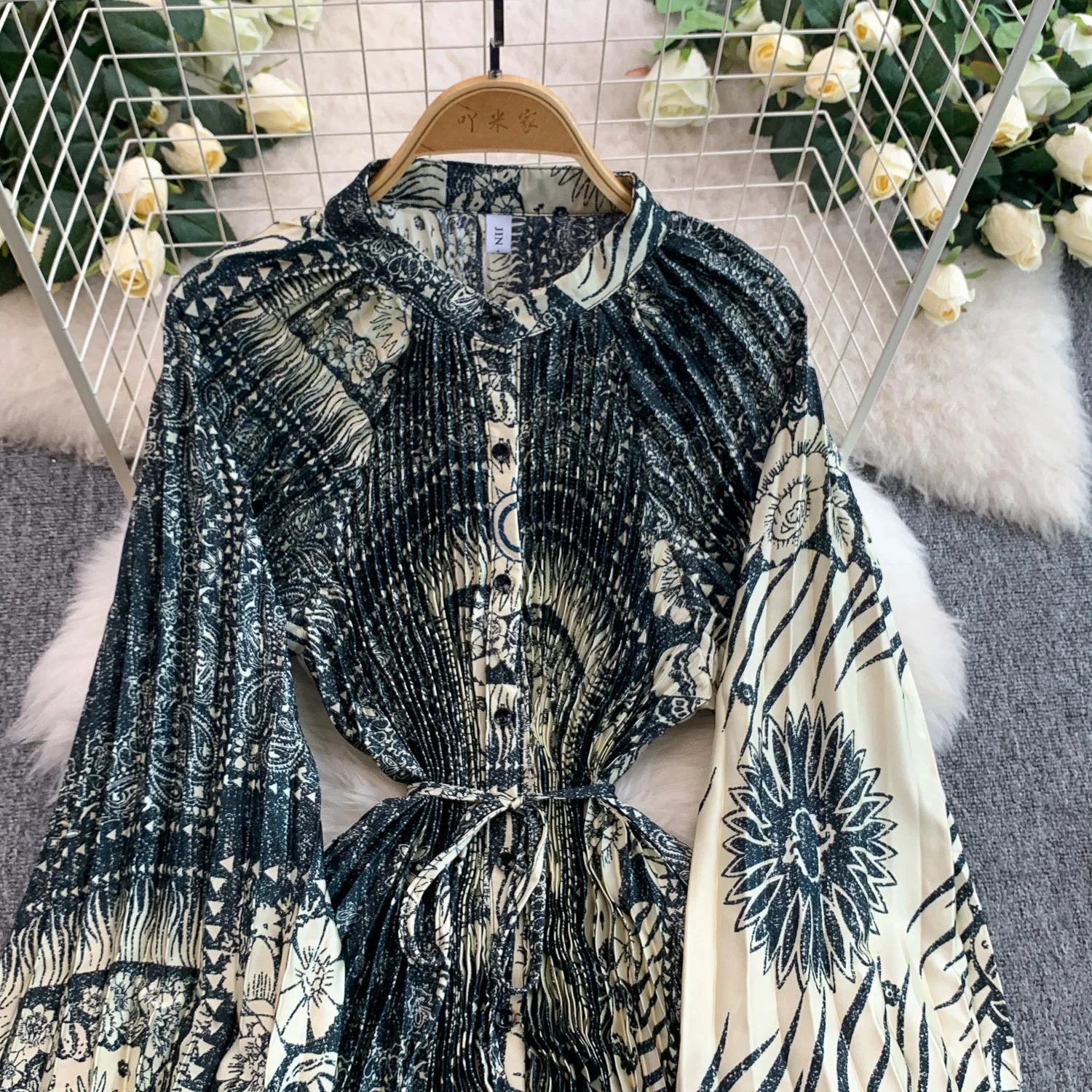 Printed round Ne Lantern Sve Dr Women's Single Button Waist Cinch Maxi Skirt Long Dr Commute Sle Autumn