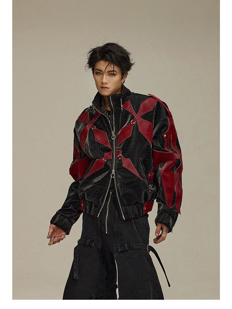 Spring Autumn Cool Handsome Crocodile Print Patchwork Pu Leather Jacket Men Color Block Luxury Designer Clothes 2024