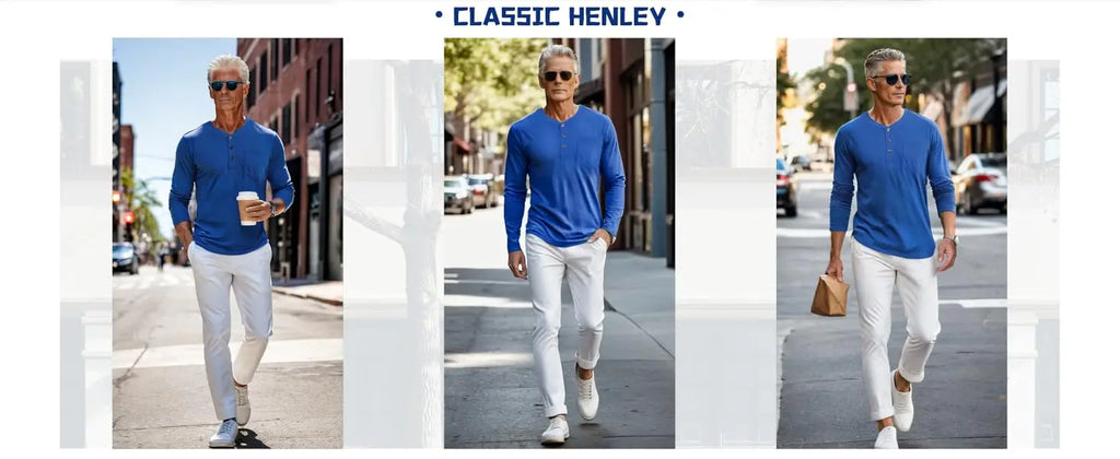 Henry Neck Long Sleeves Men's High Quality Cotton Henley Shirts Casual Button T-Shirt with Pocket Placket Fitted Tees