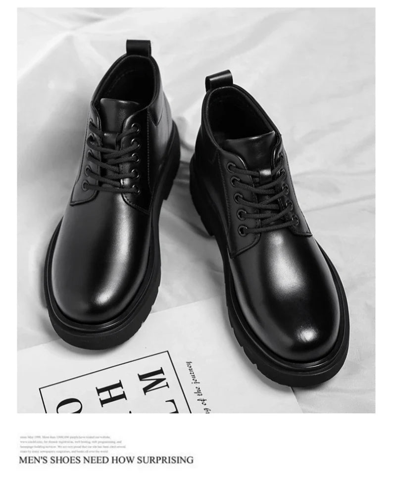 Mens Black Leather Lace Up Mid Top Boots Winter Warm Formal Business Office Wedding Shoes Black Work Boots Fashionable Dad Shoes