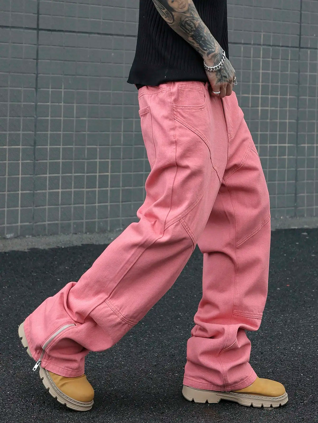 Men's Pink Patchwork Flared Jeans, Street Trend, Suitable for All Seasons