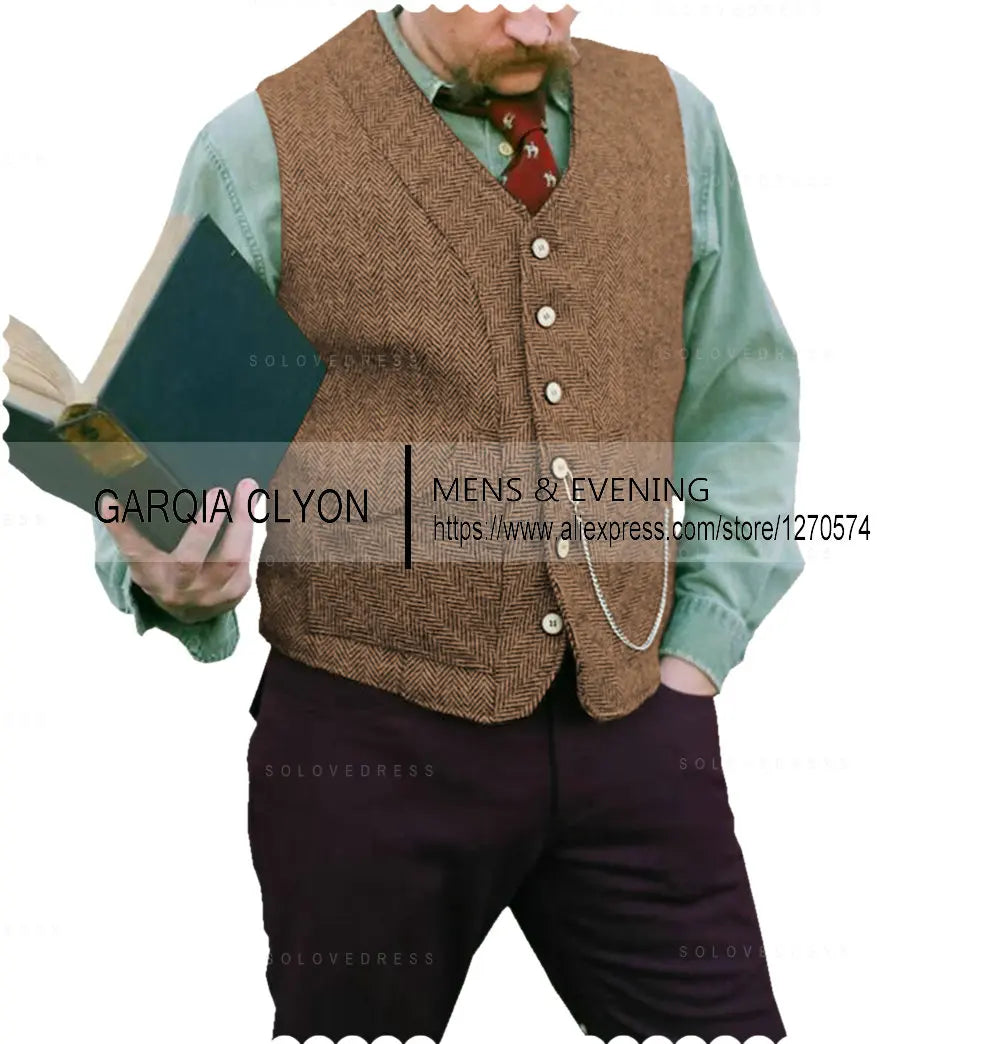 Men's Herringbone Vest With Two Real Pocket Single Breasted Tweed Vests Slim Business Sleeveless Waistcoat For Wedding