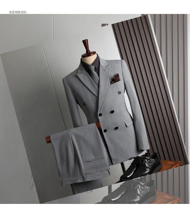 Man Suit Outfit Double-breasted Blazer Men V-neck Vest Straight-leg Pant Male Slim Business Wedding Three-piece Set